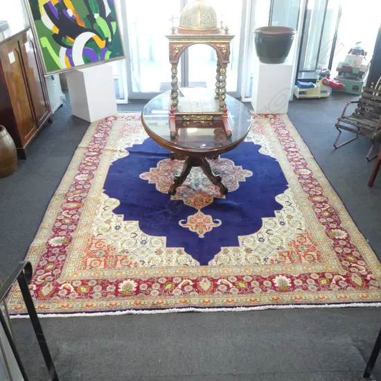 Very large Persian Kerman hand knotted carpet w curvilinear tendril design.  3960 x 3000mm. Minor insect damage