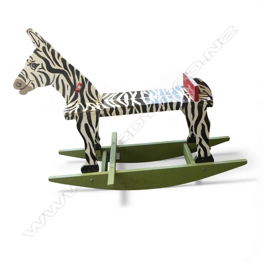 VINTAGE WOODEN ROCKING HORSE ZEBRA, L.900MM Image 1++