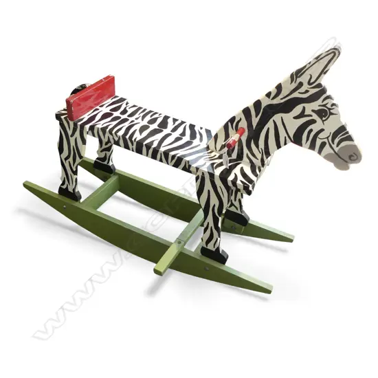 VINTAGE WOODEN ROCKING HORSE ZEBRA, L.900MM
