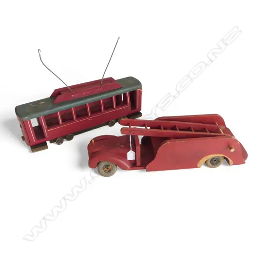 2 wooden scratch built toys: tram car + fire ladder truck. L.530mm