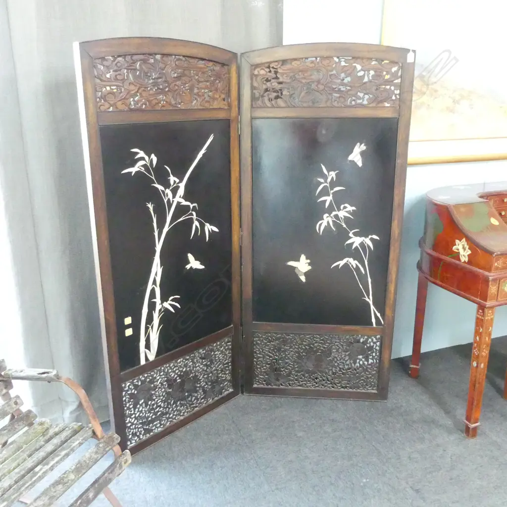 JAPANESE HARDWOOD IVORY & LAQUER TOKYO SCHOOL 2 FOLD SCREEN H1620 W700MM Image 1++