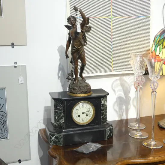 BLACK SLATE MANTLE CLOCK . BRONZED SPELTER FIGURE OF MERCURY MOUNTED TO THE TOP ( SOME ATTENTION REQUIRED) H. 663mm