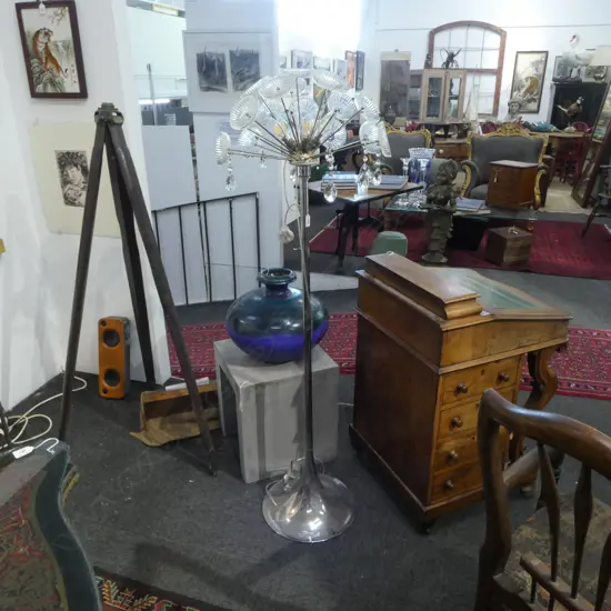 A vintage designer floor lamp (multiple crystal shades broken/missing),