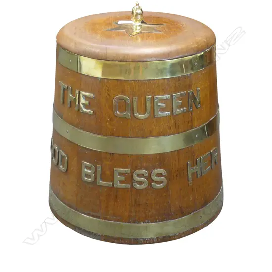 ENGLISH OAK NAVY RUM BARRELL, PRE 1970 ISSUE, EX UK NAVY STORES H.500mm 'THE QUEEN GOD BLESS HER'