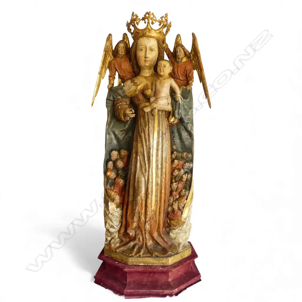 LGE ANTIQUE CARVED POLYCHROME RELIGOUS STATUE H.1200mm. On short stand. 1330mm... Image 1++