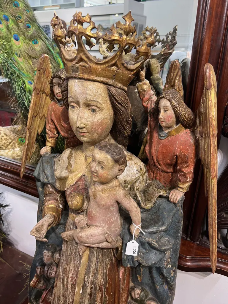 LGE ANTIQUE CARVED POLYCHROME RELIGOUS STATUE H.1200mm. On short stand. 1330mm... Image 1++