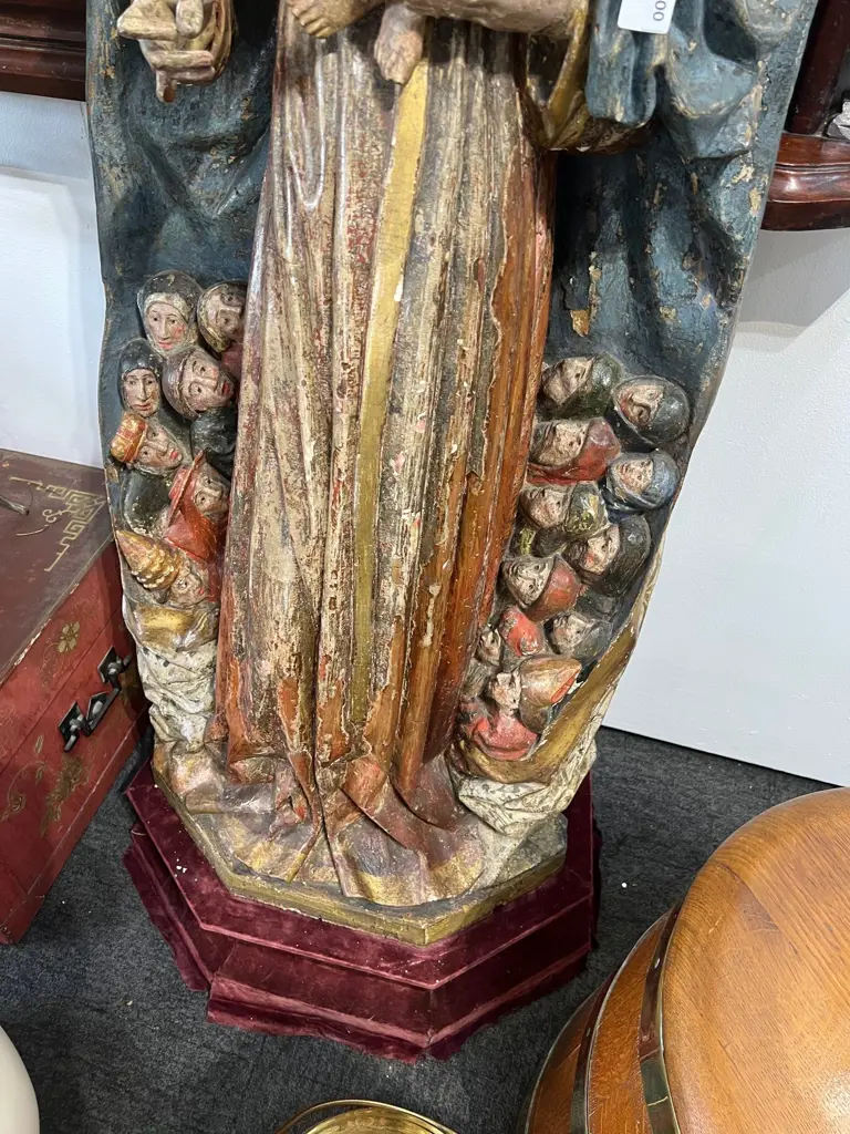 LGE ANTIQUE CARVED POLYCHROME RELIGOUS STATUE H.1200mm. On short stand. 1330mm... Image 1++