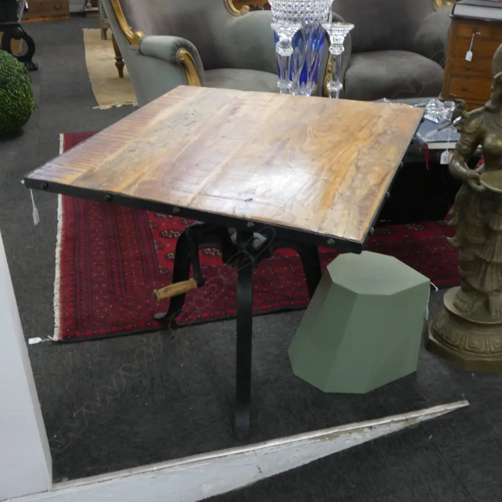 HEAVY WOOD & CAST IRON CRANK TOP TABLE  Image 1++