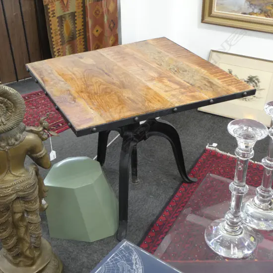 HEAVY WOOD & CAST IRON CRANK TOP TABLE 