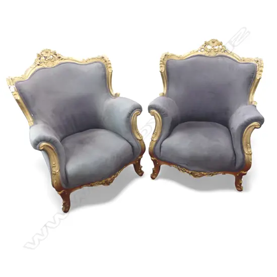 PR LOUIS XV ROCOCO STYLE  ARM CHAIRS IN GREY VELVET EX.THOMPSON TWINS