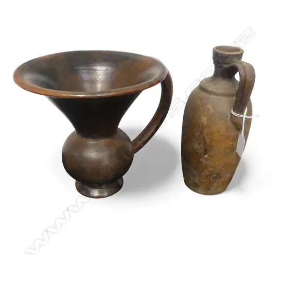 2 STUDIO POTTERY PIT FIRED EARTHENWARE HANDLED VESSELS H.250mm