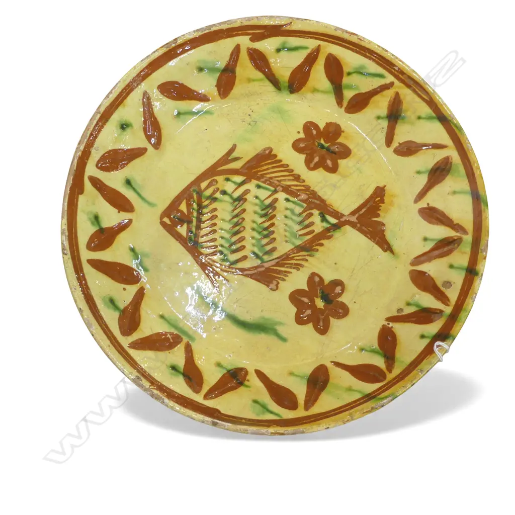 OLD REDWARE BOWL w. FISH SLIP DECORATION 335mm dia Image 1++