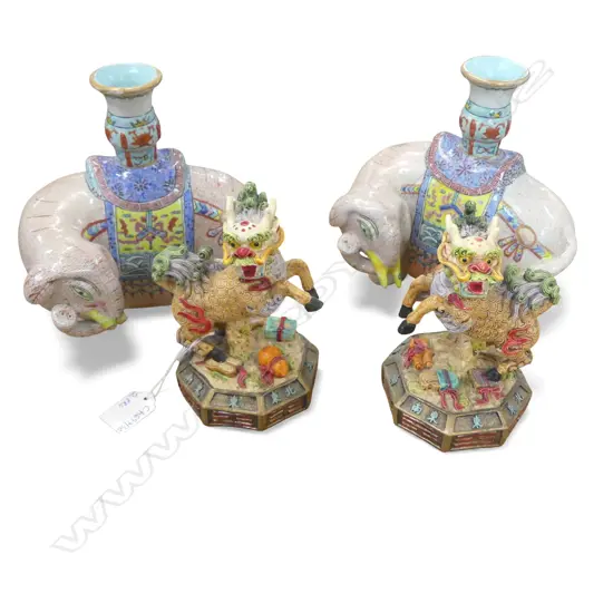 2 PRS ORIENTAL FIGURINES; RESIN DRAGONS, CERAMIC ELEPHANT CANDLESTICKS H.180mm (1 MISSING TUSKS)