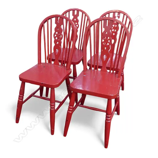 4 RED PAINTED WHEEL BACK CHAIRS