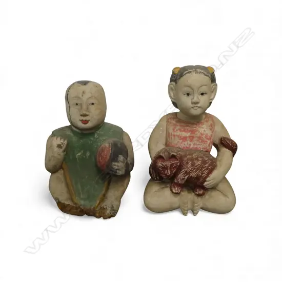 2 ORIENTAL CARVED WOODEN CHILDREN H.350mm