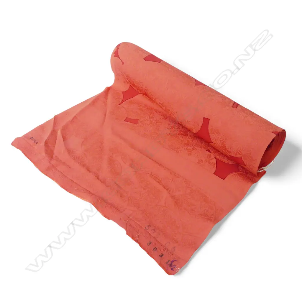 1980's NISHIJIN TEXTILE (Kyoto) JAPANESE ROLL OF PATTERNED SILK L.12m. W.360mm. New old stock orange red patterned Image 1++