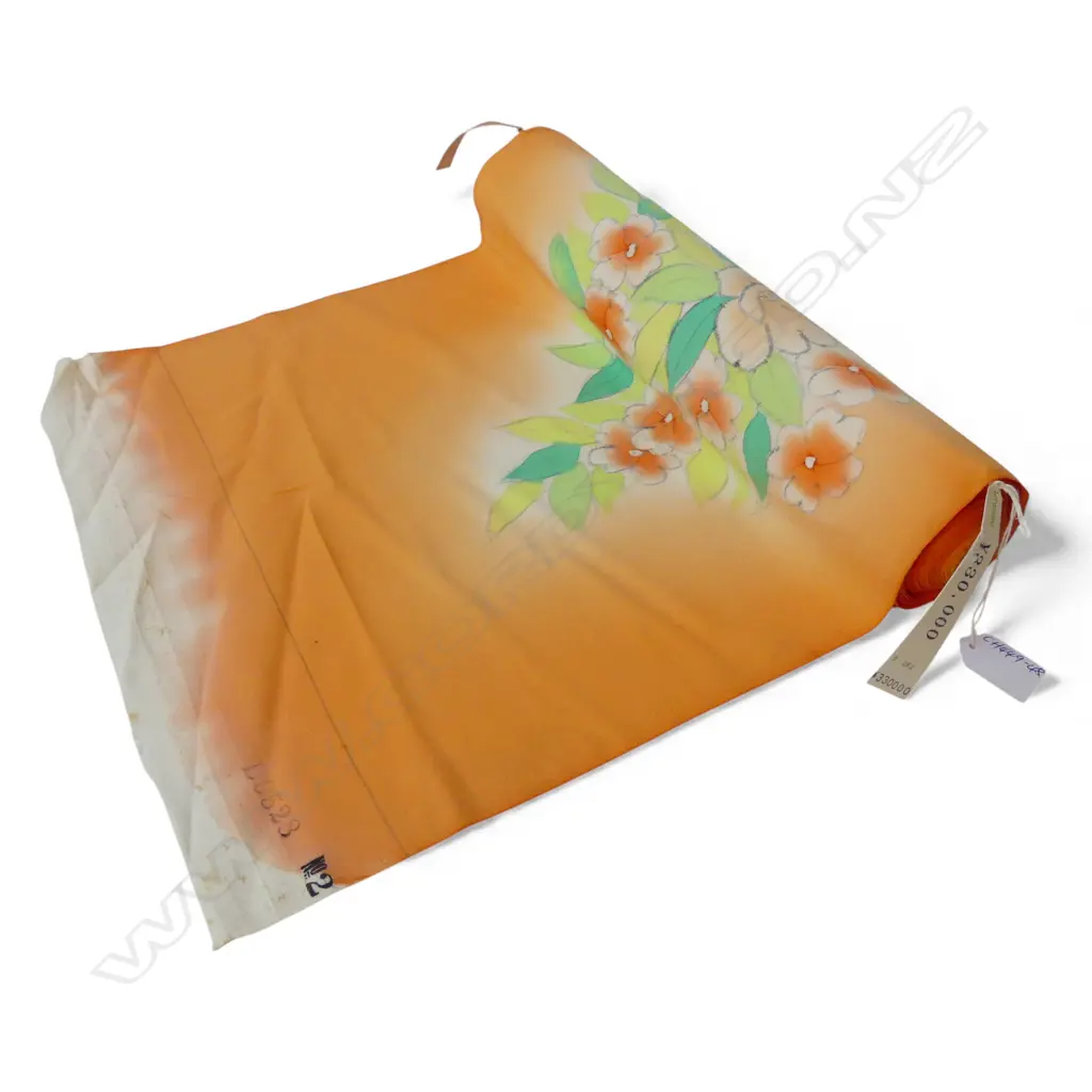 1980's NISHIJIN TEXTILE (Kyoto) JAPANESE ROLL OF PATTERNED SILK L.12m. W.360mm. New old stock soft apricot + floral Image 1++
