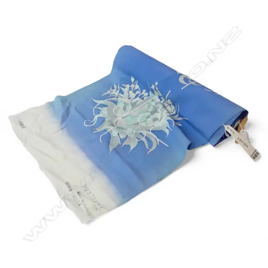 1980's NISHIJIN TEXTILE (Kyoto) JAPANESE ROLL OF PATTERNED SILK L.12m. W.360mm. New old stock soft blue + floral 