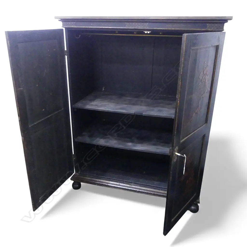 OLD CHINESE BLACK LACQUER ENGLISH CUPBOARD with key 1165x560x1470mm Image 1++