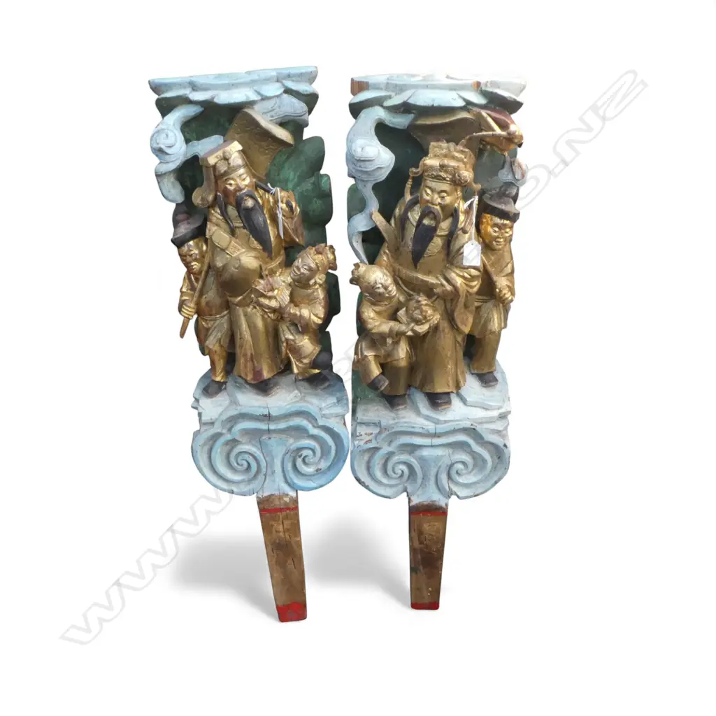 2 CARVED CHINESE GILT & BLUE PAINTED WOOD ARCHITECTURAL TEMPLE PILLARS H.1070mm some faults Image 1++