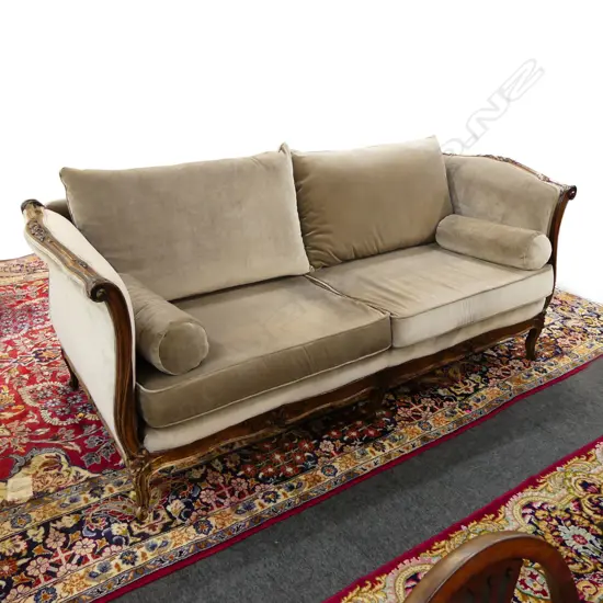 QUALITY FRENCH STYLE SOFA IN FAUN VELVET UPHOLSTERY