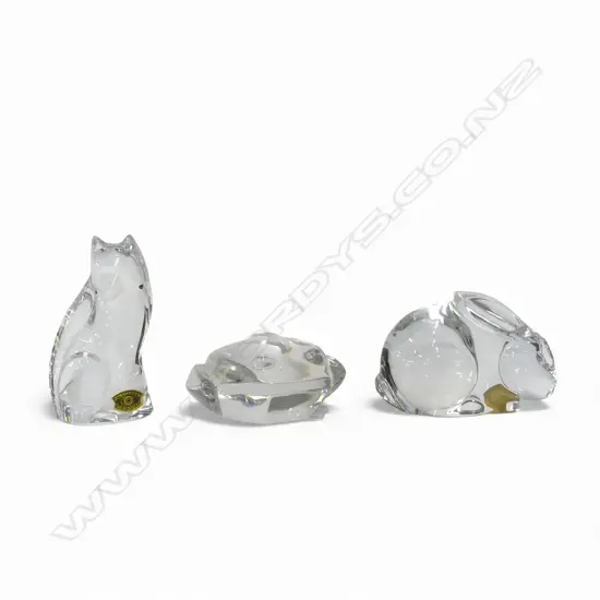 3 VAL SAINT LAMBERT CRYSTAL ANIMALS; FROG, RABBIT, FOX H.100mm