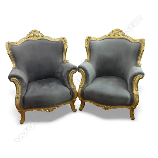 PR LOUIS XV ROCOCO STYLE  ARM CHAIRS IN GREY VELVET EX.THOMPSON TWINS