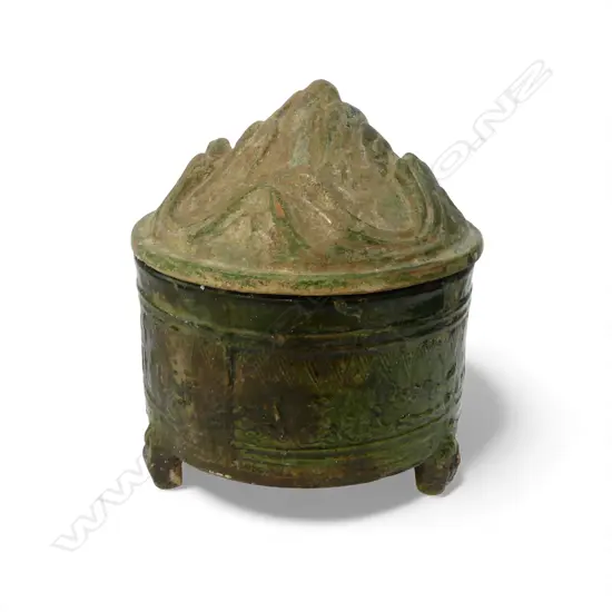 CHINESE HAN DYNASTY GREEN GLAZED LIDDED EARTHENWARE JAR H.240mm, 205mm dia REPAIRED