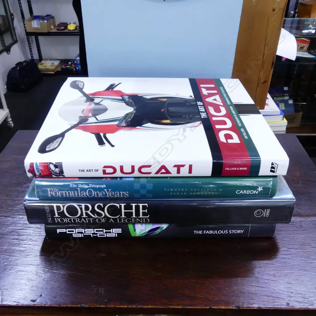 FOUR LRG MOTORING BOOKS; 2 x PORSCHE, DUCATTI & FORMULA ONE Image 1++