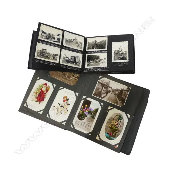 VINTAGE POSTCARD ALBUM + PHOTO ALBUM OF EARLY 20thC N.Z. GANET/EARTHWORKS primarily Hawkes Bay