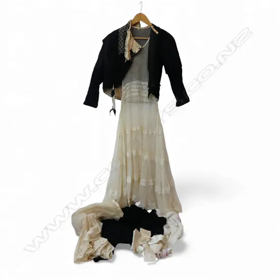 ASST. VINTAGE FASHION; BLACK VICTORIAN BLOUSE, BLACK 1930s BIAS CUT DRESS (LONG & V. SMALL) ETC