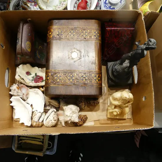 ASST. ITEMS; INLAID BOX, STUDIO POTTERY TEAPOT, BOOKENDS ETC