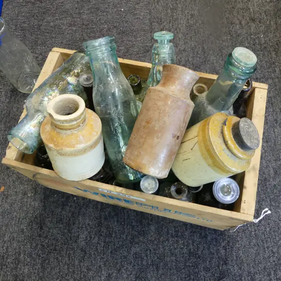 CRATE OF ASST. GLASS BOTTLES ETC