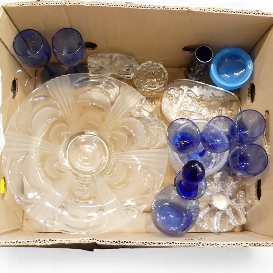 COLLECTION OF VINTAGE GLASS  BLUE GLASS DECANTER H300 MATCHING GLASSES  CLEAR GLASS PCS ETC