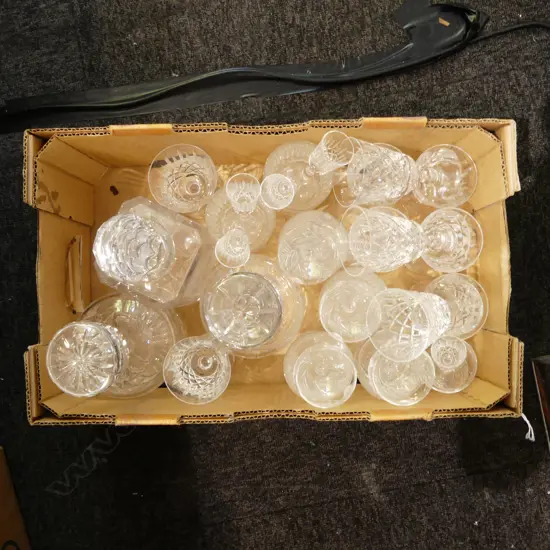 ASST. CRYSTAL; 3 DECANTERS, 2 SETS 6 TUMBLERS, ETC