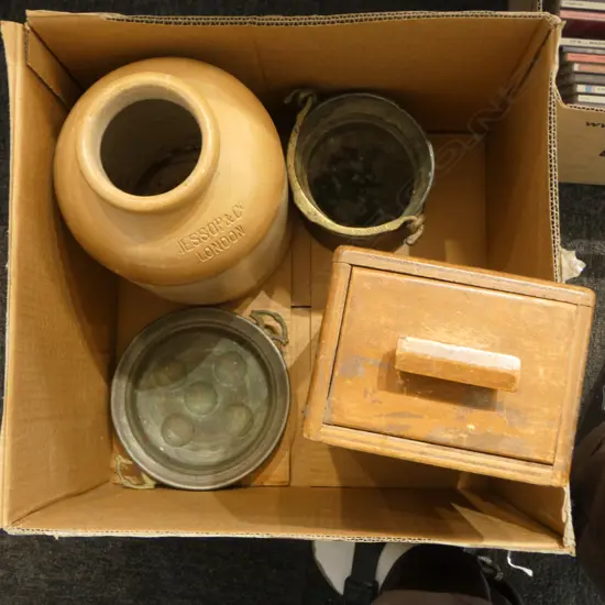 VINTAGE DRAWER, CROCK & 2 PCES COPPER