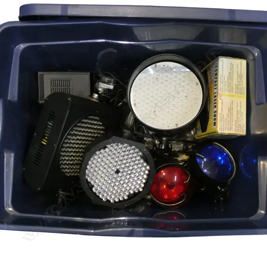   BIN OF FESTIVE DECOR, PARTY LIGHTS, MICROPHONES ETC