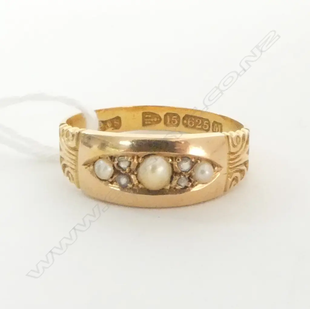 15ct gold ANTIQUE PEARL & DIAMOND GYPSY RING Chester 1895 2.2gms SIZE N 1/2 Image 1++