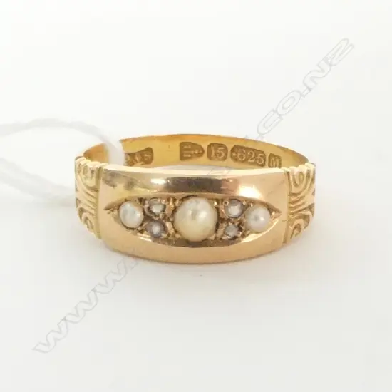 15ct gold ANTIQUE PEARL & DIAMOND GYPSY RING Chester 1895 2.2gms SIZE N 1/2