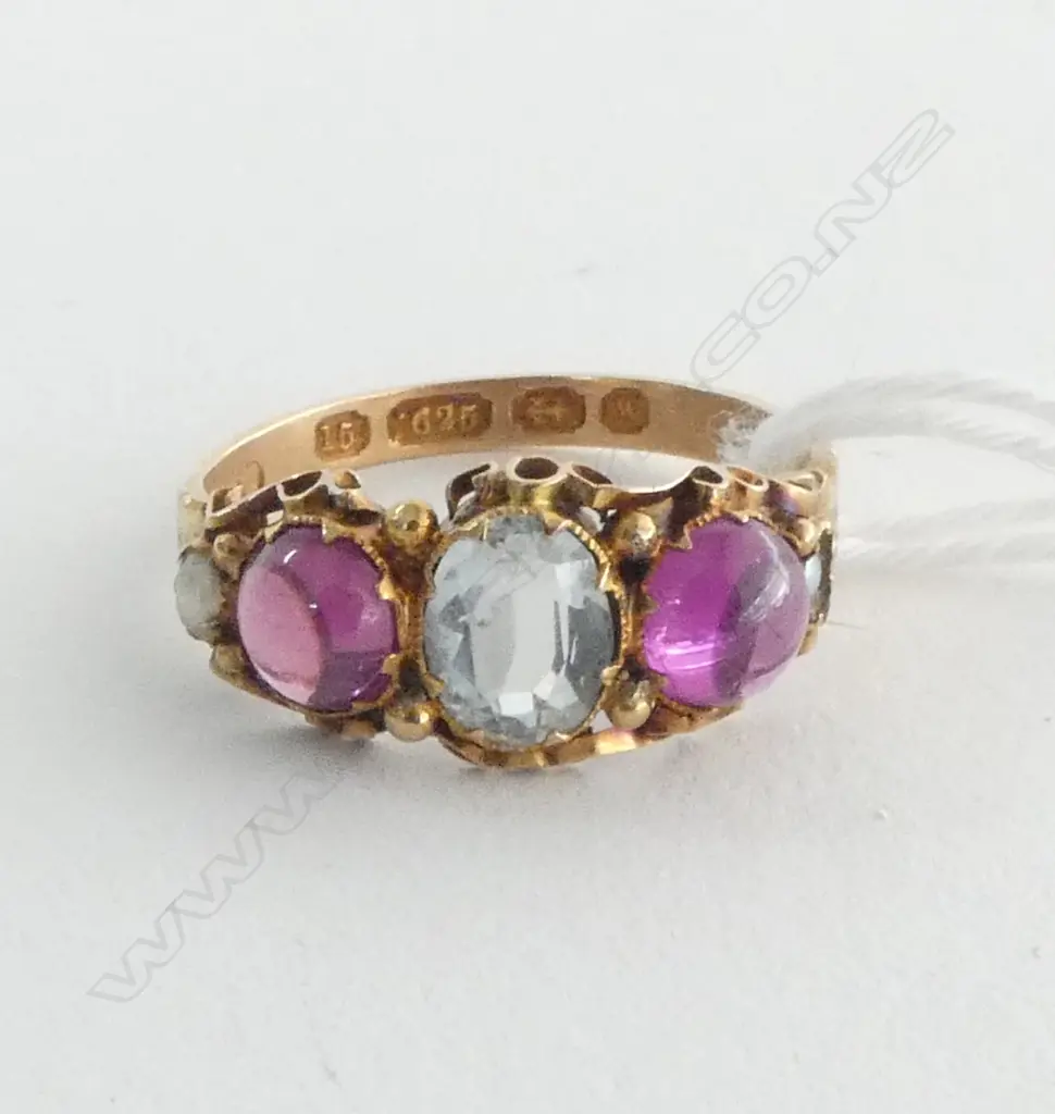 1871 15ct GOLD PINK TOURMALINE & AQUAMARINE & SEED PEARL RING 1.7gms SIZE N Image 1++