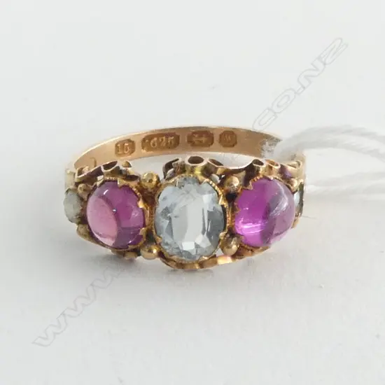 1871 15ct GOLD PINK TOURMALINE & AQUAMARINE & SEED PEARL RING 1.7gms SIZE N