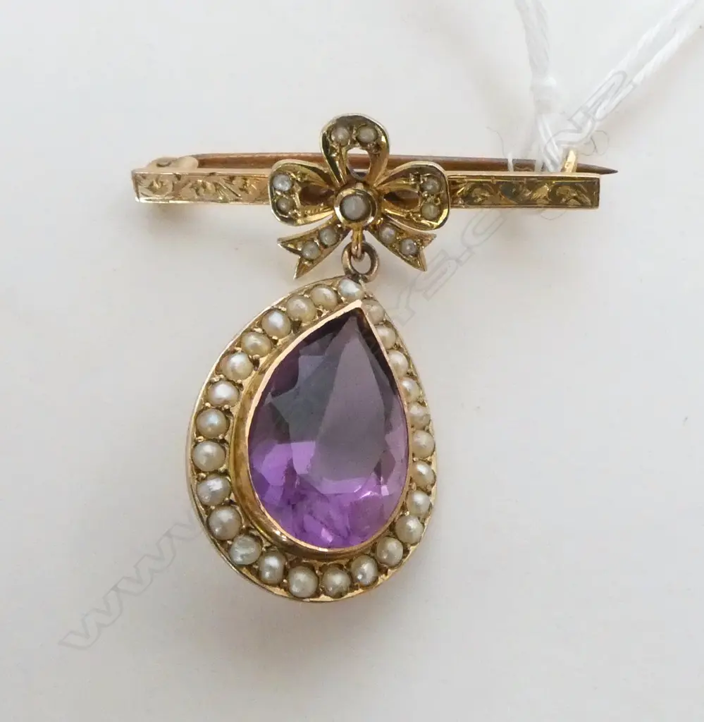 ANTIQUE 9CT AMETHYST & SEED PEARL BROOCH 4.1grms Image 1++