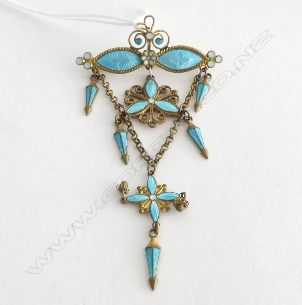 ANTIQUE ENAMEL PENDANT BROOCH L.85mm Image 1++