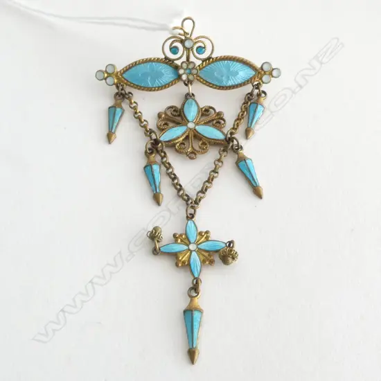 ANTIQUE ENAMEL PENDANT BROOCH L.85mm