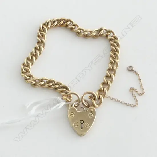 9ct GOLD CURB LINK CHAIN BRACELET w LOCK, 17.2gm