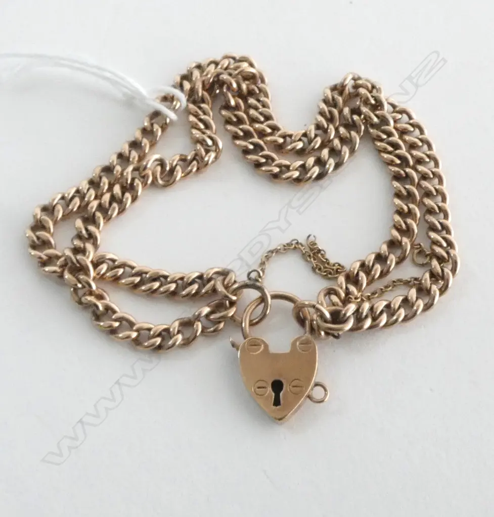 9CT BRACELET, DOUBLE CHAIN & HEART LOCK CLASP 22.1grms Image 1++