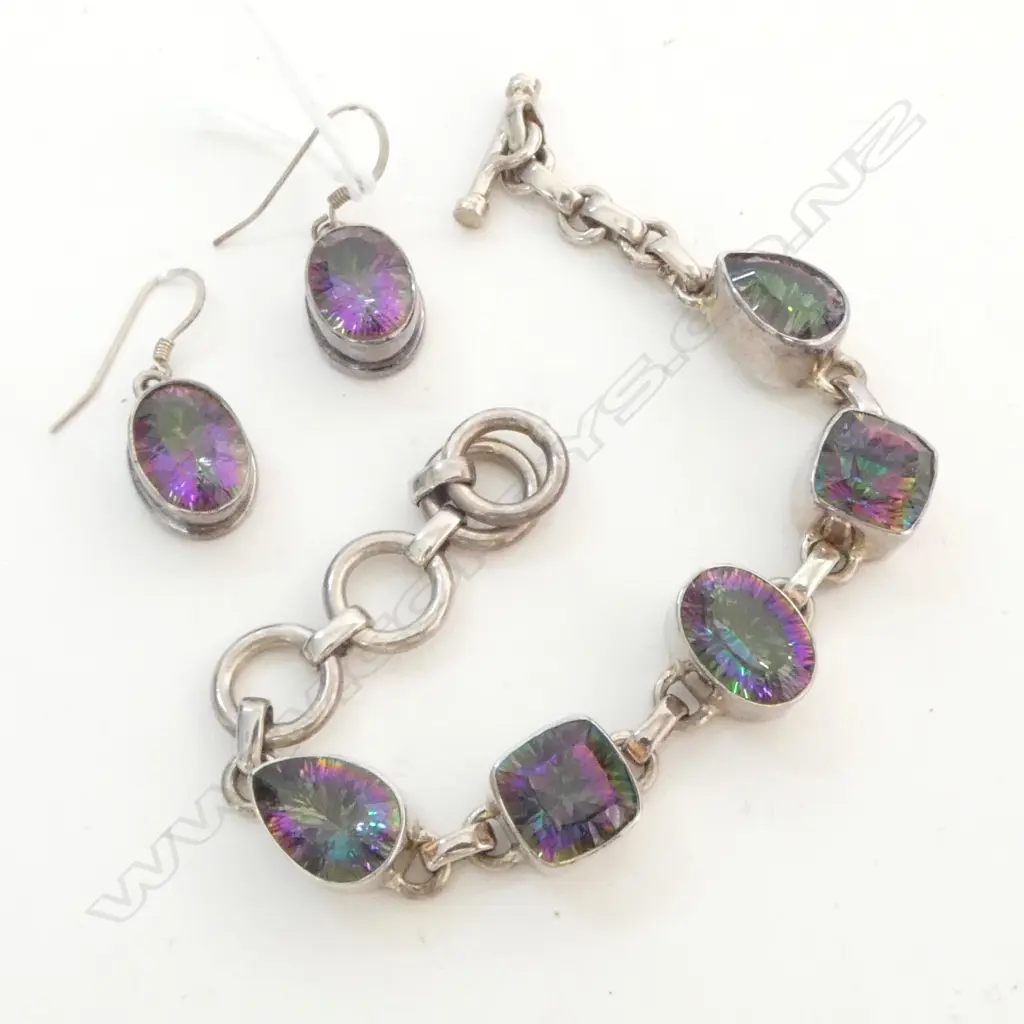 PR STG SILVER & PARTY STONE EARINGS w. MATCHING BRACELET L.205mm Image 1++