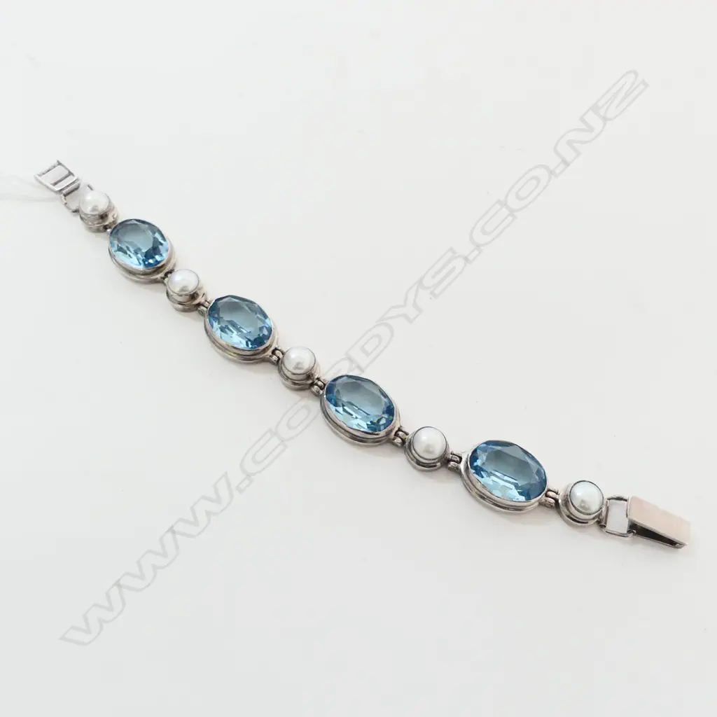 BLUE STONE & FRESH WATER PEARL STG SILVER BRACELET L.190mm Image 1++