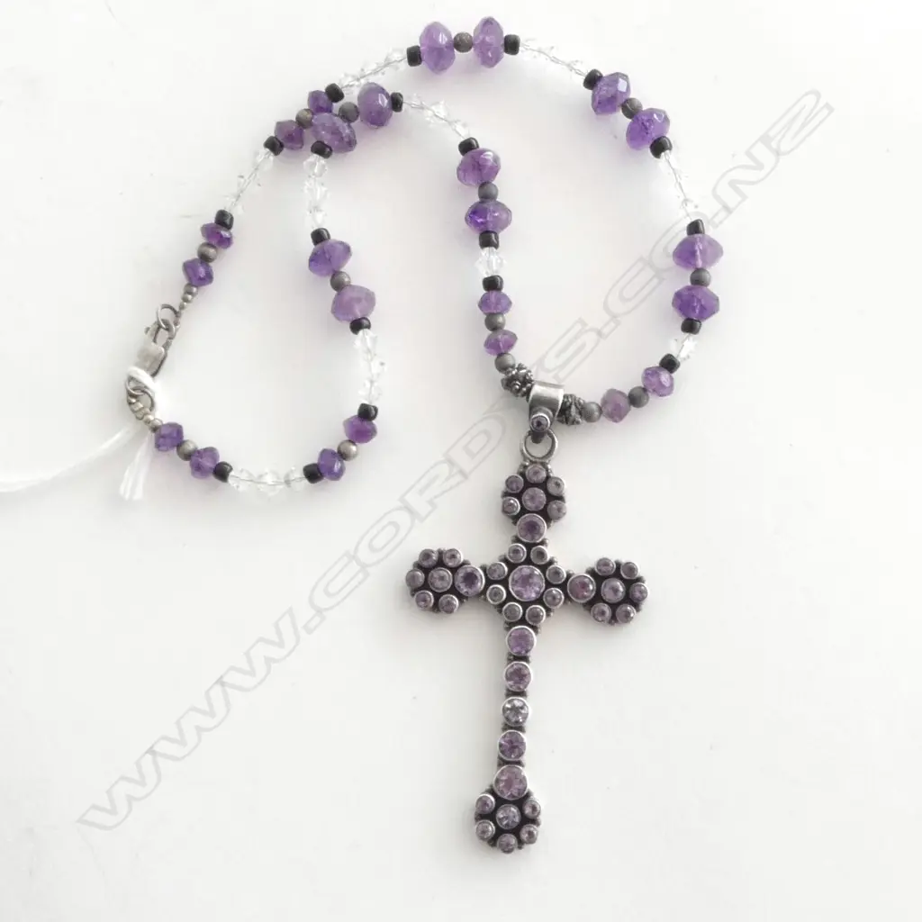 SILVER & AMETHYST CROSS PENDANT NECKLACE L.190mm (NECKLACE) Image 1++