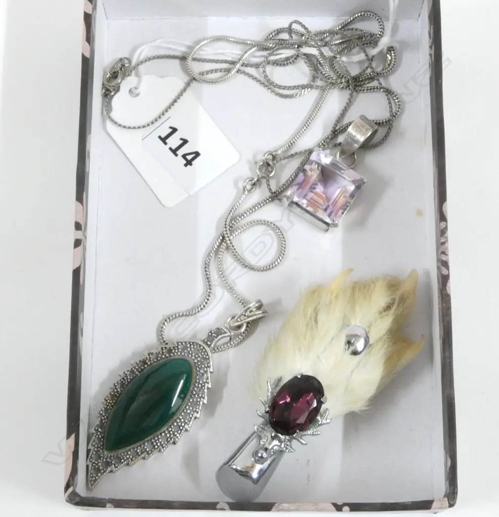 2 STG PENDANT NECKLACES (PLATED CHAINS) + CLAW BROOCH Image 1++